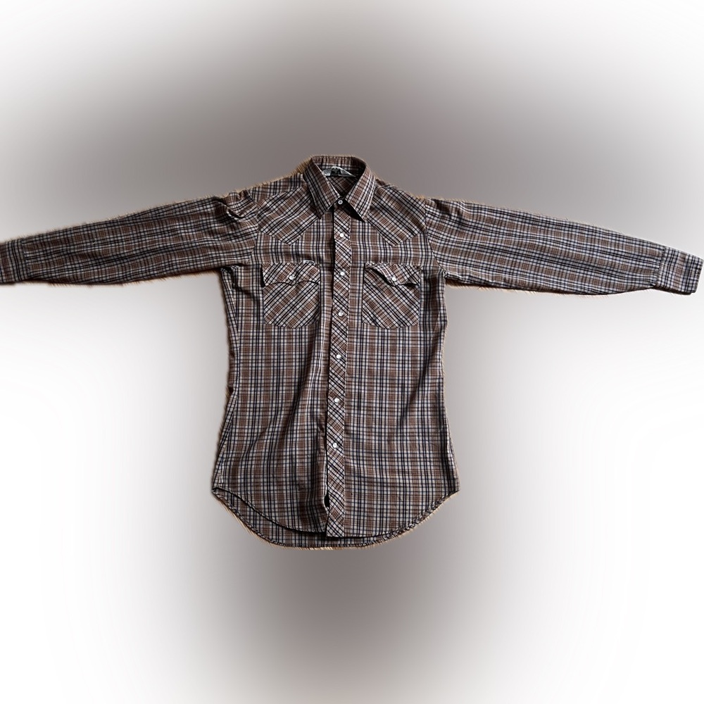 Vintage Chute #1 Pearl Snap Western Shirt Brown Blue Plaid Rodeo Cowboy 70s